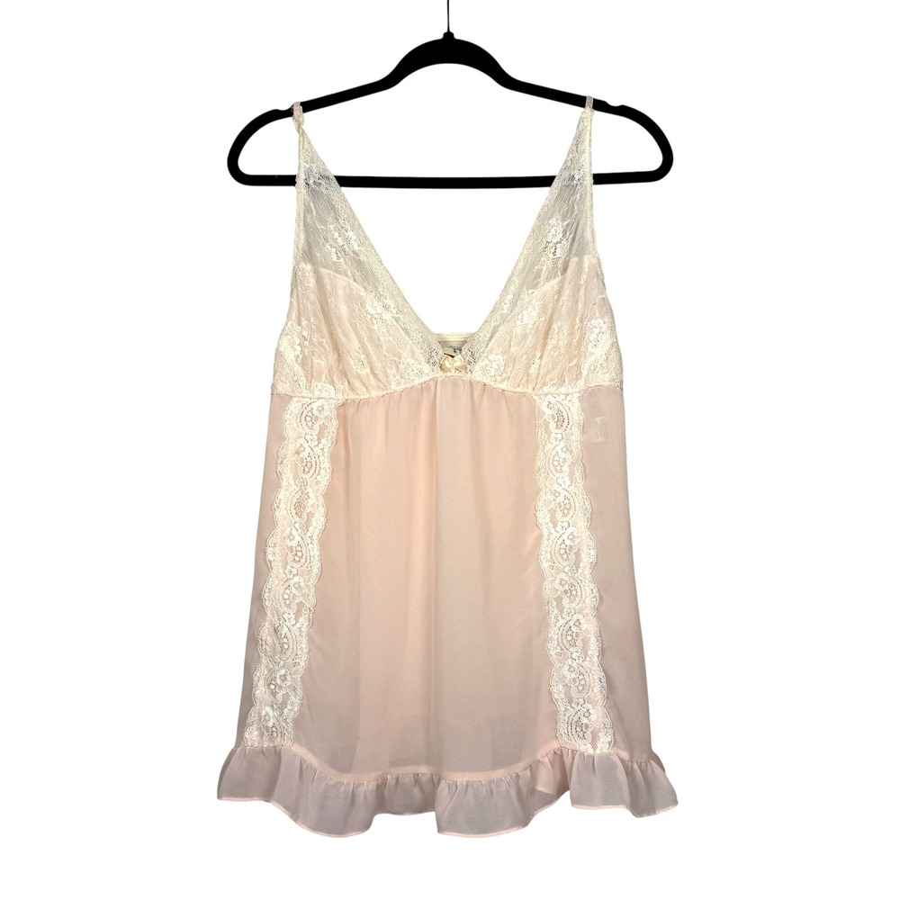 In Bloom by Jonquil Sheer Lace Babydoll Chemise Lingeri Size M Pink Coquette